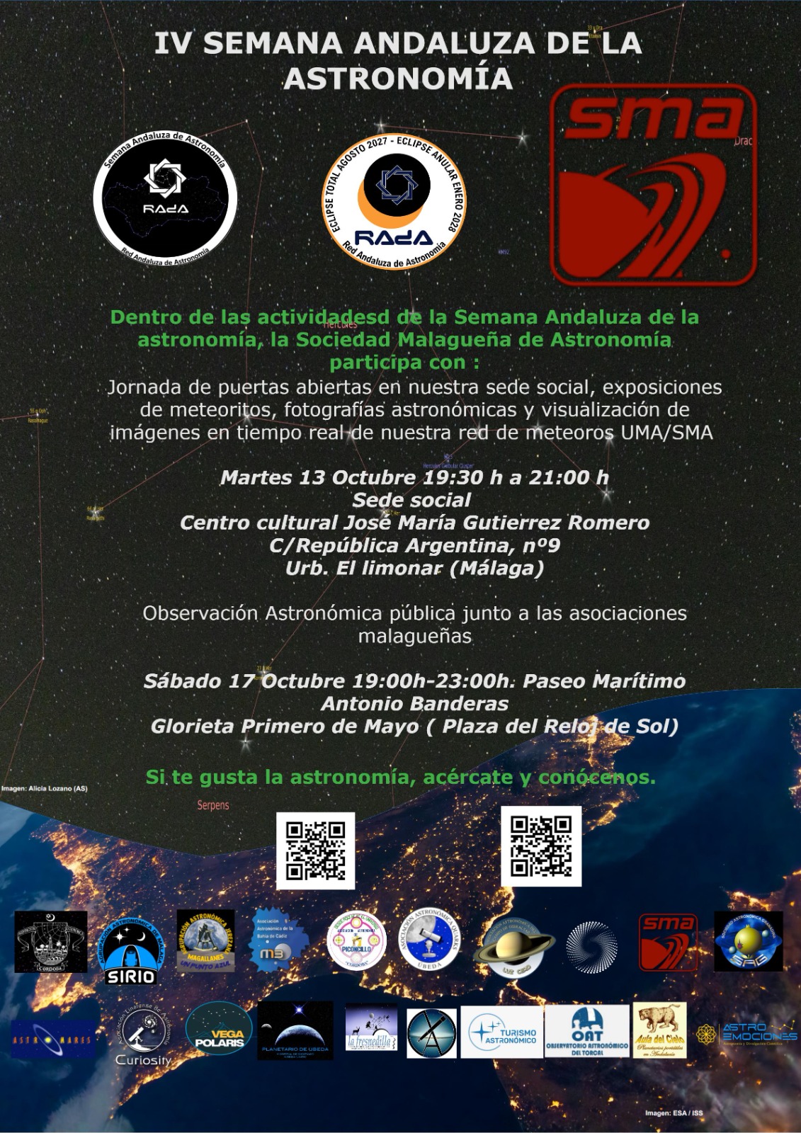 Cartel de la IV Semana Andaluza de la Astronomía: puertas abiertas de la SMA el 13 de octubre y observación pública el 17 de octubre de 2026 en Málaga.